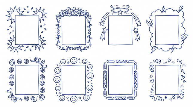 Hand drawn doodle frames set with playful scribble borders, cute sketched decorative elements including sun flowers stars clouds lightning swirls smiley faces and hearts. Ink line vector icons.