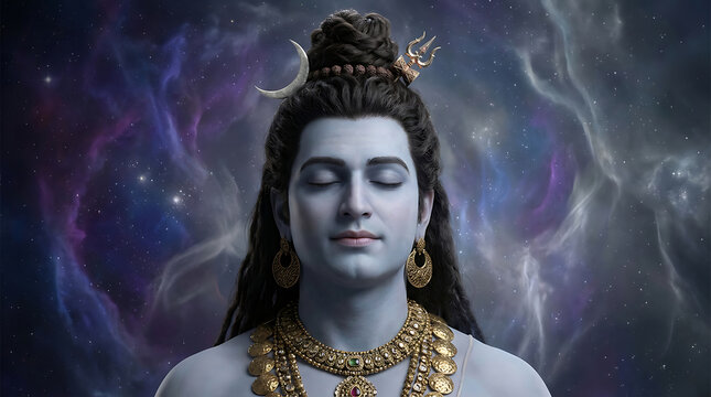 Lord shiva in deep meditation against a cosmic nebula background