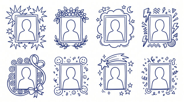 Hand drawn doodle frames with decorative borders and profile silhouettes, cute sketch portrait placeholders for social media avatar, ink scribble frames with flowers sun stars and smiley faces.