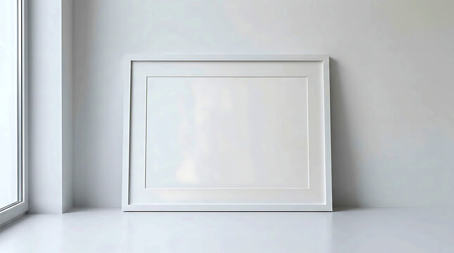 Empty white picture frame leaning against a modern wall in a bright room.