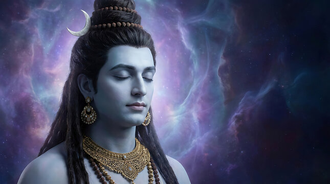 Lord shiva in deep meditation against a cosmic nebula background