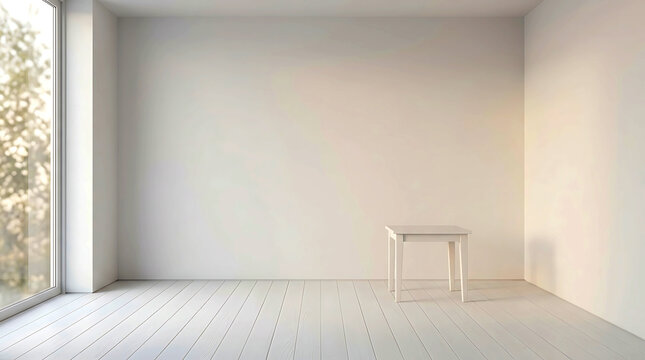 Small wooden table in a bright empty room with large window and wood floor.