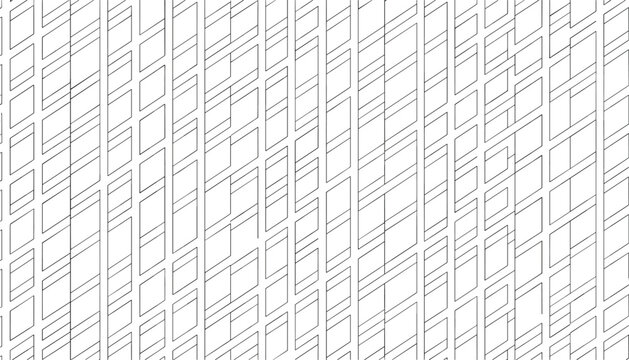 Abstract black and white geometric perspective pattern constructed of vertical rectangular stripes and diagonal lines.