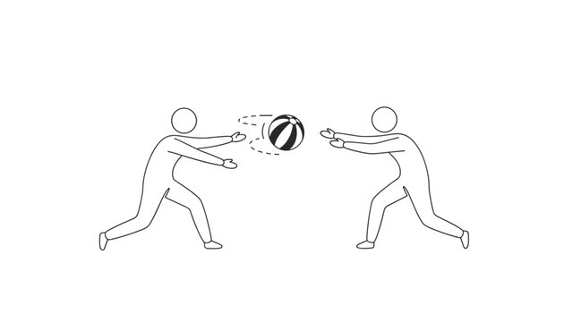 Simple line art illustration of two stick figures playing beach ball and passing it back and forth to each other.