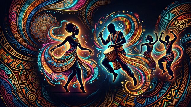 Bailarines afrodescendientes celebrando con tambores y danza tradicional, arte luminoso con patrones &eacute;tnicos para el Mes de la Herencia Hispana.