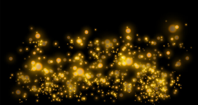 Dense Golden Glitter with Glowing Particles and Soft Bokeh Lights on Black Background.