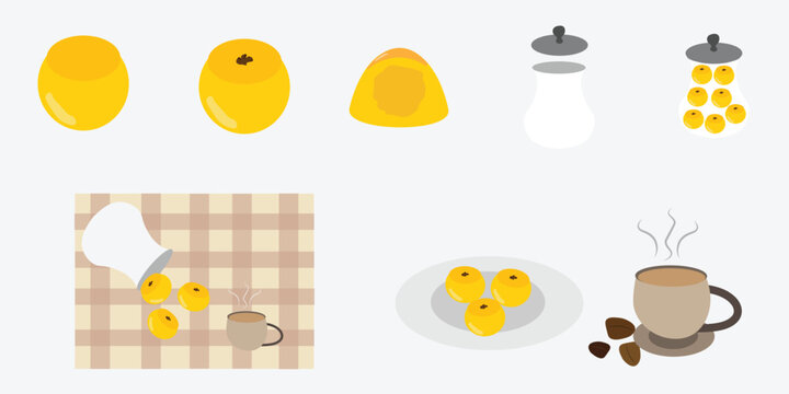 Indonesian traditional nastar pineapple cookies set with jar glass, plate, and hot coffee cup vector illustration