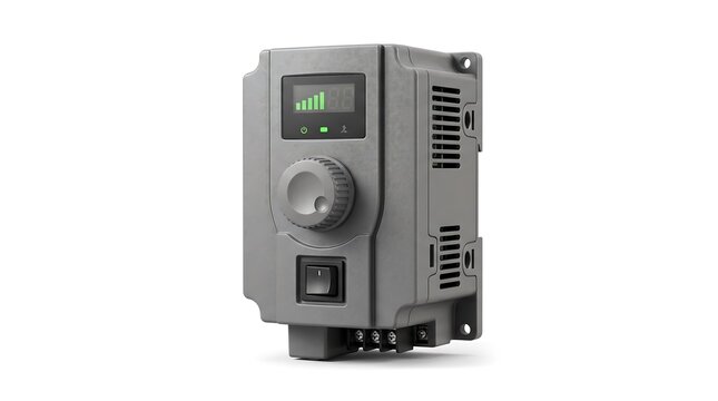Modern industrial variable frequency drive compact electronic control unit for motor speed regulation isolated on white background