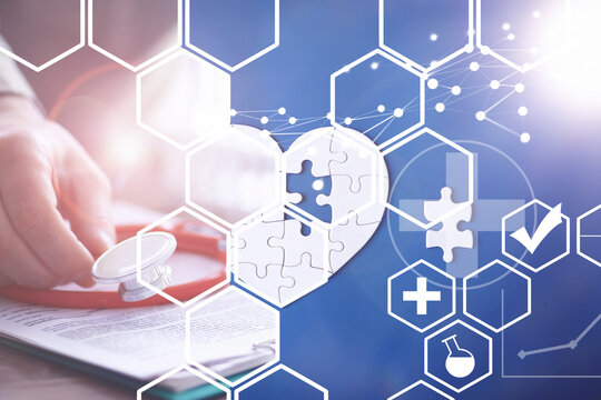 Stethoscope, puzzle heart, prescriptions. Double exposure in composition. Doctor`s desk in the clinic's office.