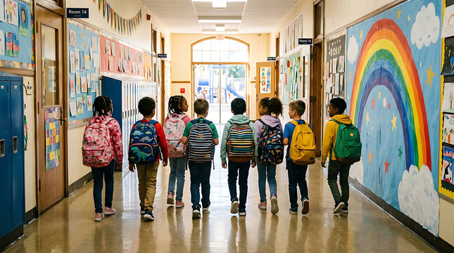 A group of elementary school children walking down a brightly decorated school hallway