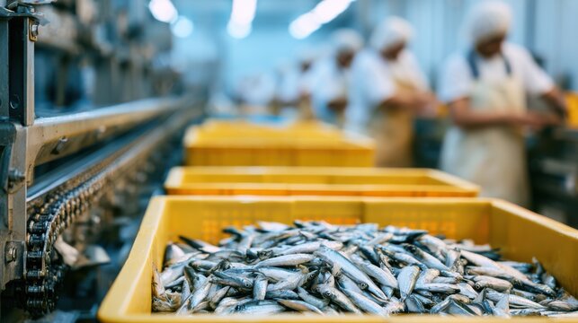 Industrial seafood processing with workers sorting fresh fish in crates on a production line inside a factory.