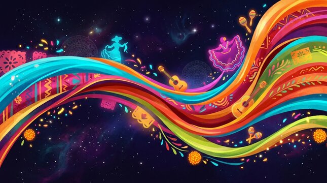 Ondas coloridas y motivos festivos para el Mes de la Herencia Hispana con bailarinas folcl&oacute;ricas, guitarras, maracas y elementos tradicionales.