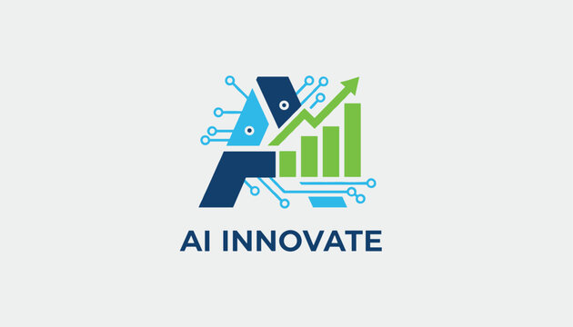 Tech logo for ai innovate showcasing an abstract letter A with circuit nodes and a rising green bar graph.