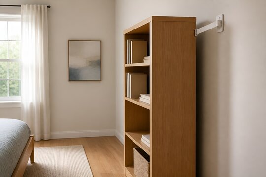 Furniture anti tip anchor securing a bookcase to wall with copy space