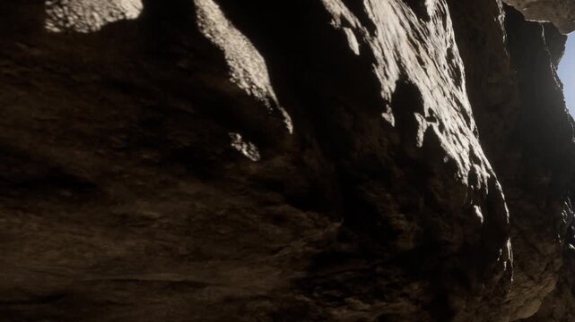 The scene shows rough rock formations illuminated by sunlight in a canyon. Shadows highlight the textures of the stone surfaces from different angles.