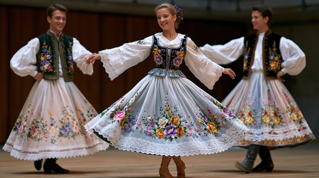 Young dancers in traditional embroidered folk costumes performing a lively dance on stage during a cultural festival