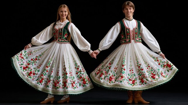 Young couple in traditional folk costumes dancing together with joy against a dark studio background
