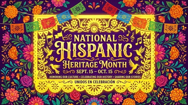 Cartel festivo del Mes de la Herencia Hispana con papel picado amarillo, flores tradicionales y colibr&iacute;es en dise&ntilde;o folcl&oacute;rico colorido.