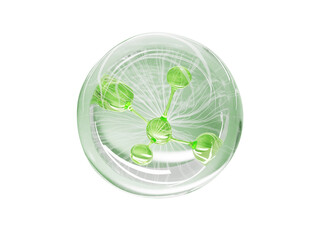Fototapeta premium Green molecule in transparent bubble on light menthol 3d background. Aloe collagen gel serum drop, liquid bio cosmetic sphere, natural cream with peptides. Herbal shampoo organic