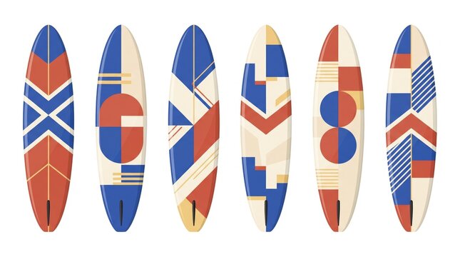 Collection of colorful abstract surfboard designs with geometric patterns on a white background
