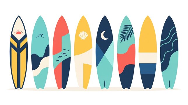Colorful surfboard collection with vibrant patterns and designs isolated on white background