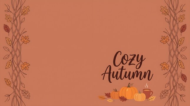 Cozy Autumn Illustration Template. Relying on the visible text "Cozy Autumn", this flat vector design features autumnal pumpkins and a steaming mug nestled among fallen leaves. Framed by rustic