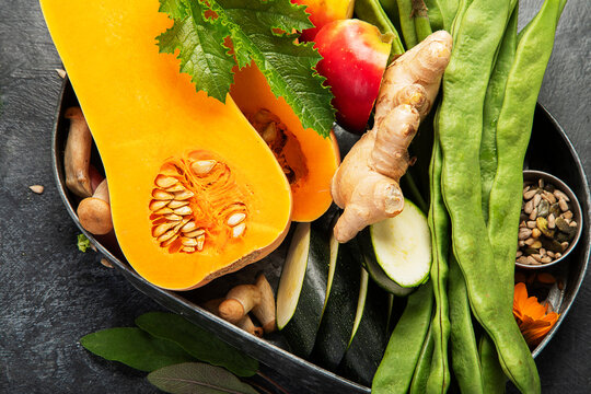 Fresh raw vegetables and fruits.