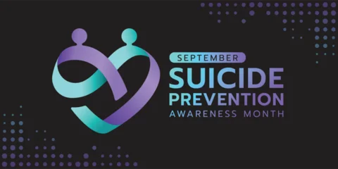 Suicide prevention awareness month - Teal and purple ribbon awareness with human connect care and rolling to heart shape sign on black background vector design © ananaline