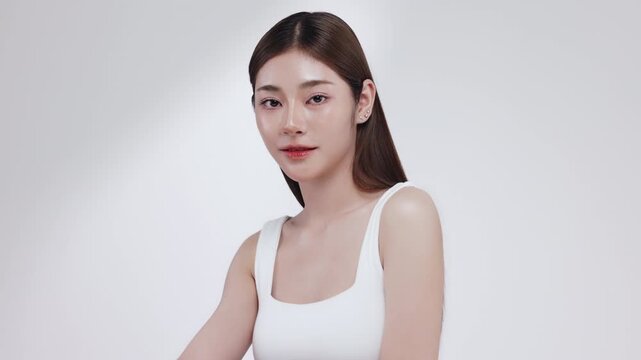 Slow motion of beautiful young Asian girl with k-beauty make up style on isolated white background for commercial beauty advertising.