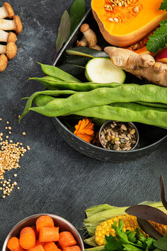 Fresh raw vegetables and fruits.