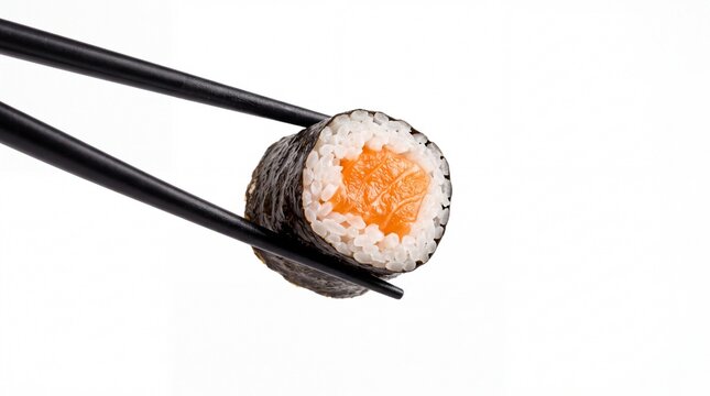 Fresh salmon sushi roll held by black chopsticks