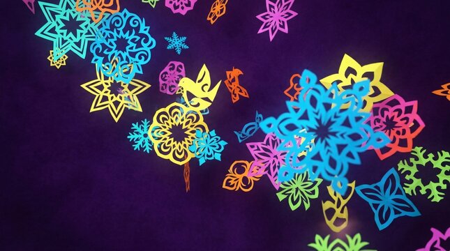 Figuras coloridas de papel picado flotando sobre fondo morado, arte folcl&oacute;rico tradicional mexicano para el Mes de la Herencia Hispana y celebraciones culturales.