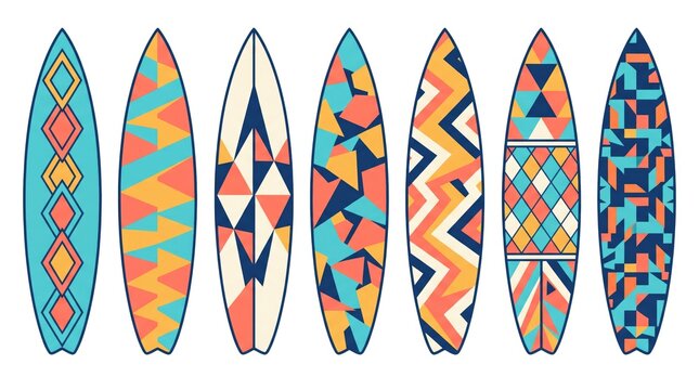 Colorful surfboards lined up in a row with vibrant geometric patterns and designs