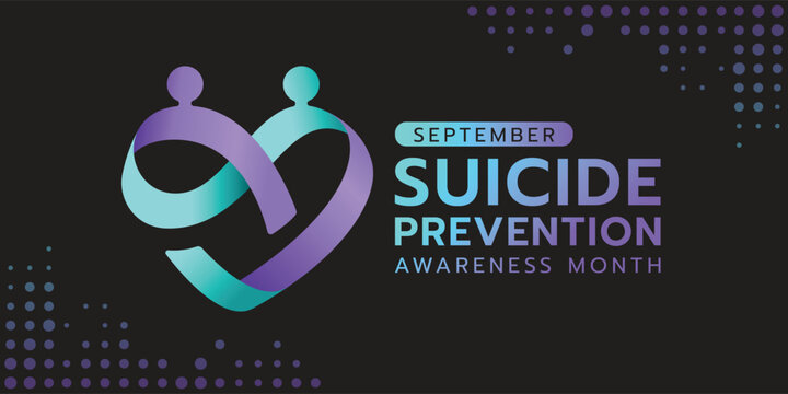 Suicide prevention awareness month - Teal and purple ribbon awareness with human connect care and rolling to heart shape sign on black background vector design