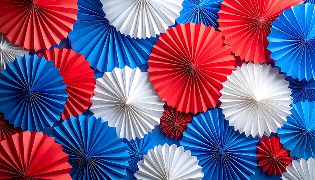 Patriotic Red White and Blue Paper Fan Decorations Background.