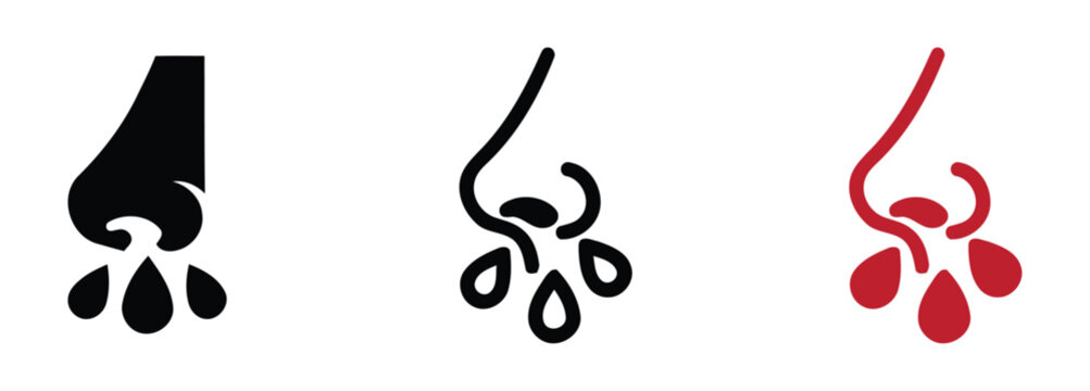 Runny nose icon symbols, Solid black and editable stroke icons. Runny nose icon set. Sneezing and nasal allergy symbol. Cold flu virus and rhinitis logo collection. Health disease sign. Vector illustr