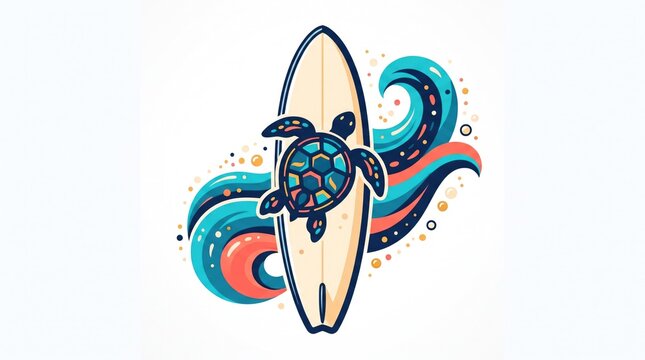 Watercolor illustration of a sea turtle surfing a wave with colorful splashes