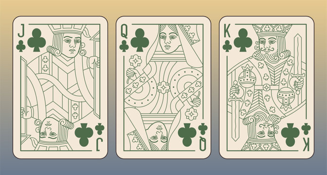 Plauing cards set: King, Queen and Jack of Clubs. Cozy color palette. Vector editable illustrations. Classic pattern design, digital-ready design.	