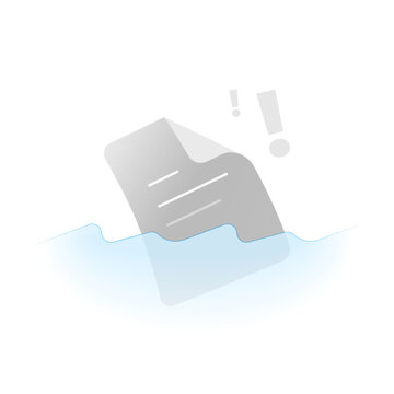 Document floating on water with exclamation mark, symbolizing paperwork problems, document uncertainty, administrative issues, and unresolved documentation