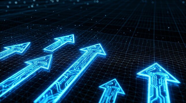 Digital grid with blue glowing arrows representing change management and strategic direction.