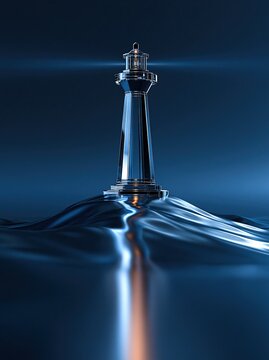 Abstract 3d illustration of transparent glossy glass lighthouse standing on glossy wavy dark blue water with glowing light beam against deep blue background showing guidance concept
