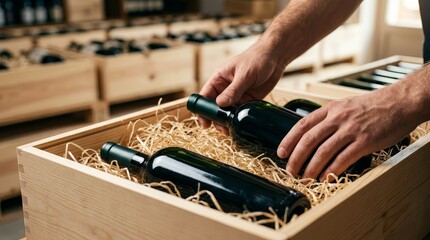 Obraz premium Worker placing premium wine bottles into straw-filled wooden boxes for shipping.