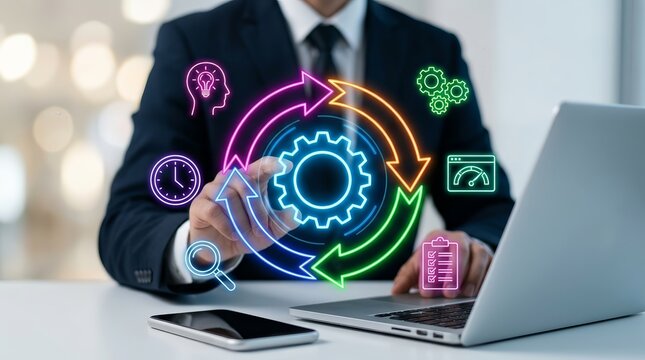 Modern business environment displaying innovative workflow management concepts with colorful icons for efficiency and collaboration.
