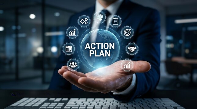 Icons representing strategy, teamwork, and growth surround an action plan concept showcased by a business hand to emphasize effective management in a competitive landscape.