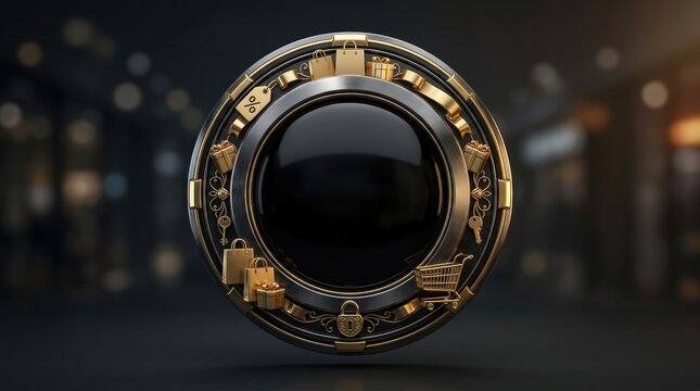 Black Friday Metallic Circular Frame with Copy Space and Gold Shopping Icons on Dark Black Background