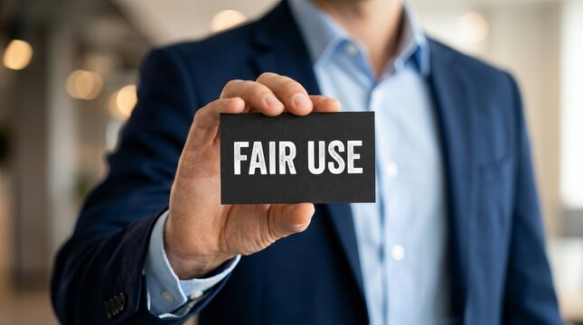 Businessman holding a black card with fair use text to symbolize copyright policy and intellectual property.