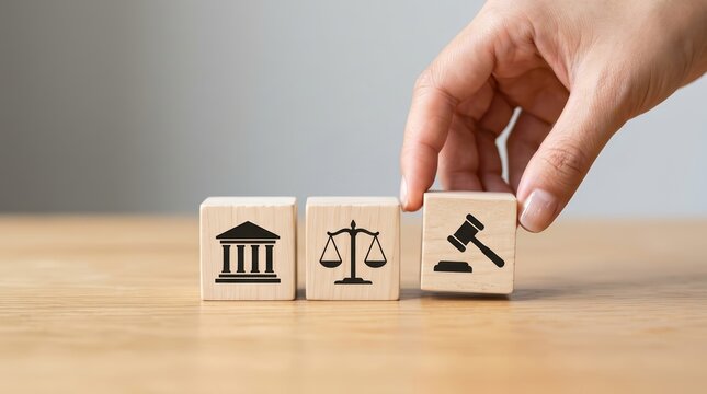 A grey background with wooden cube blocks displaying justice, legal, and law icons.