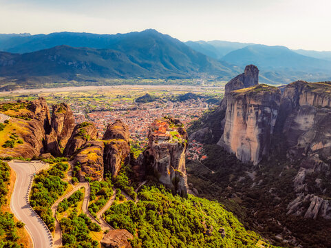 The monastery Meteora, aerial rocky monasteries complex in Greece near Kalabaka city. Monastery of the Holy Trinity