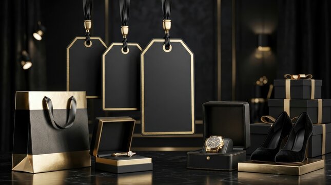 Luxury Black Friday Mockup with Blank Hanging Price Tags, High Heels, and Jewelry