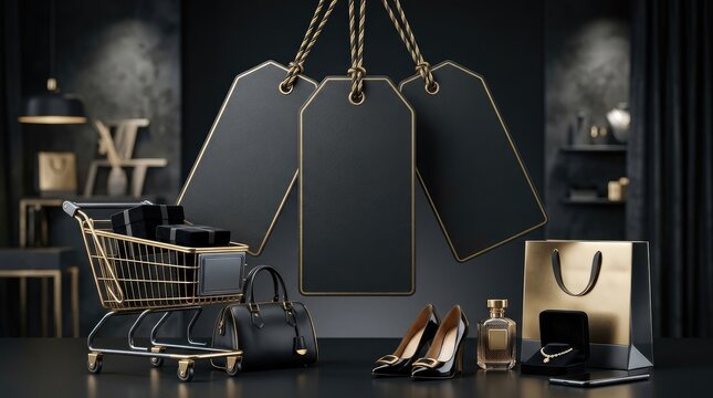 Luxury Fashion Mockup with Blank Hanging Tags, Gold Shopping Cart, Handbag, and Heels